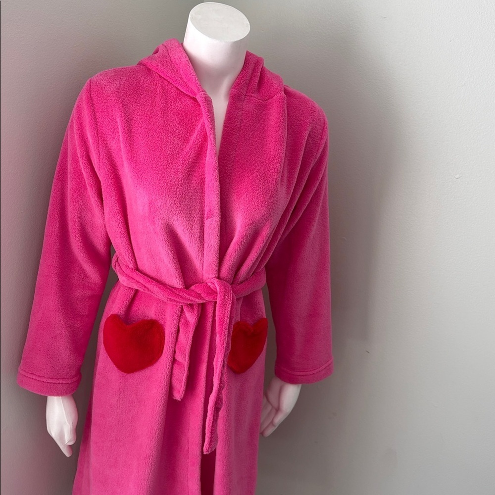 Lands' End Girls Fleece Hooded Robe pink and red Valentine’s Day heart pocket 12